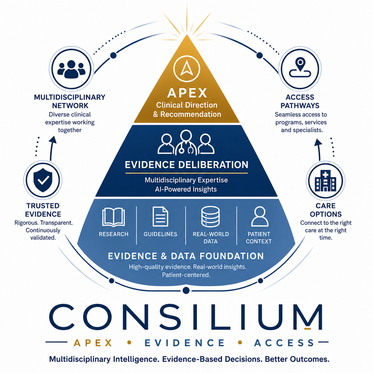 The Consilium model — an apex of clinical direction and recommendation, over evidence deliberation and a research, guidelines, real-world data, and patient-context foundation; ringed by the multidisciplinary network, access pathways, trusted evidence, and care options.